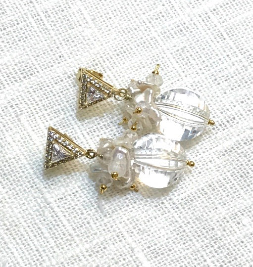 Clear Crystal Quartz Earrings Keishi Pearl Cluster Gold Post - doolittlejewelry