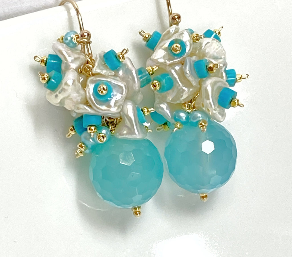 Blue, Turquoise and Keishi Pearl Cluster Earrings - Doolittle