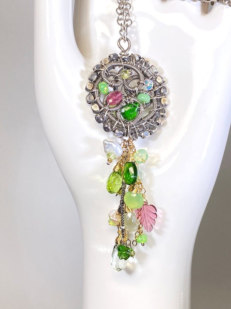 Boho Gemstone Pendant Oxidized Silver Pink Tourmaline, Opal, Green Gems