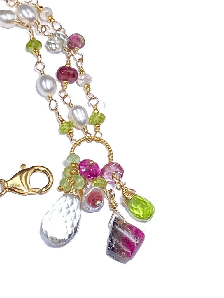 Peridot, Watermelon Tourmaline Slice and Pearl Dainty Triple Strand Bracelet - doolittlejewelry