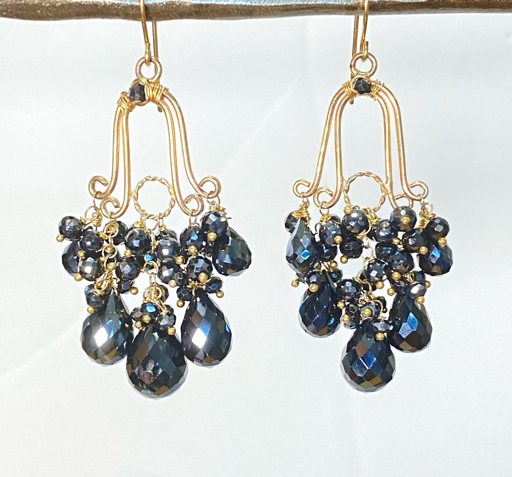 Gemstone Black Spinel Gold Fill Handmade Chandelier Earrings