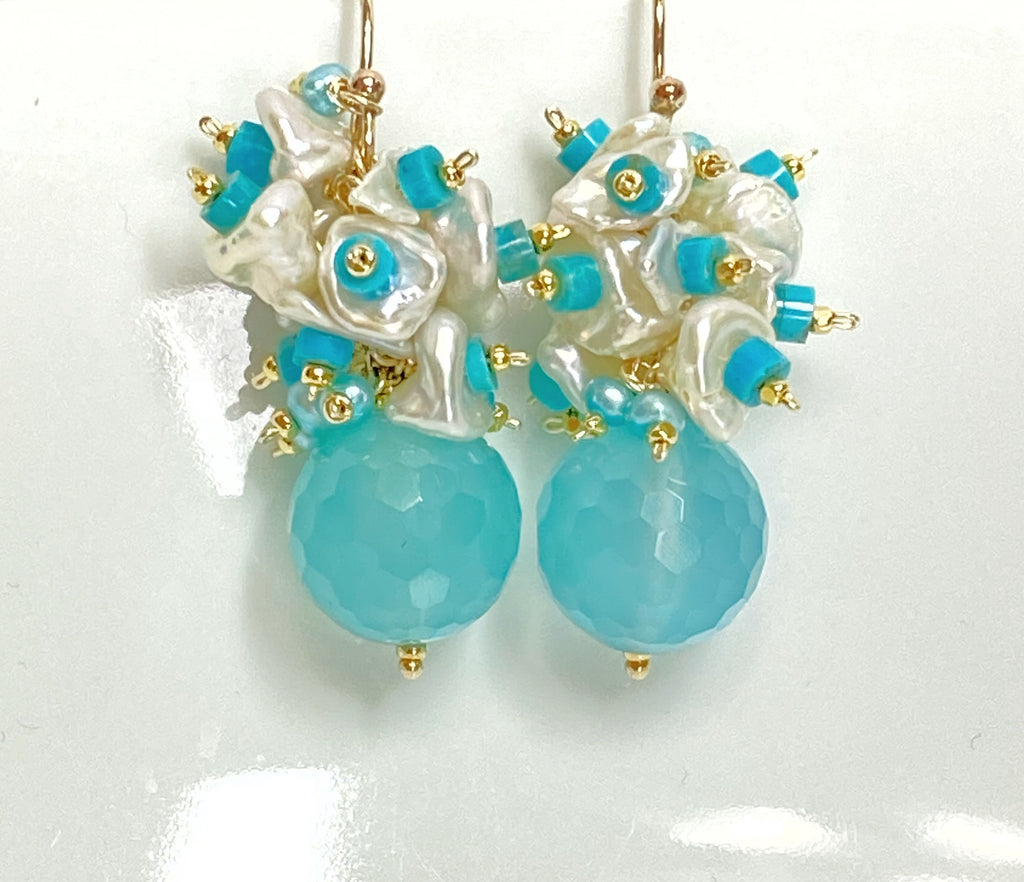 Blue, Turquoise and Keishi Pearl Cluster Earrings - Doolittle