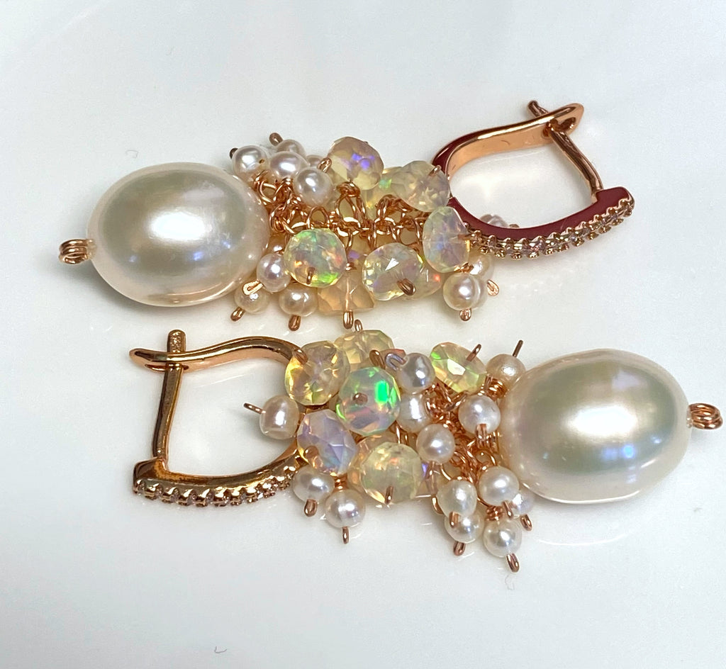 Pearl and Opal Cluster Earrings Rose Gold Fill