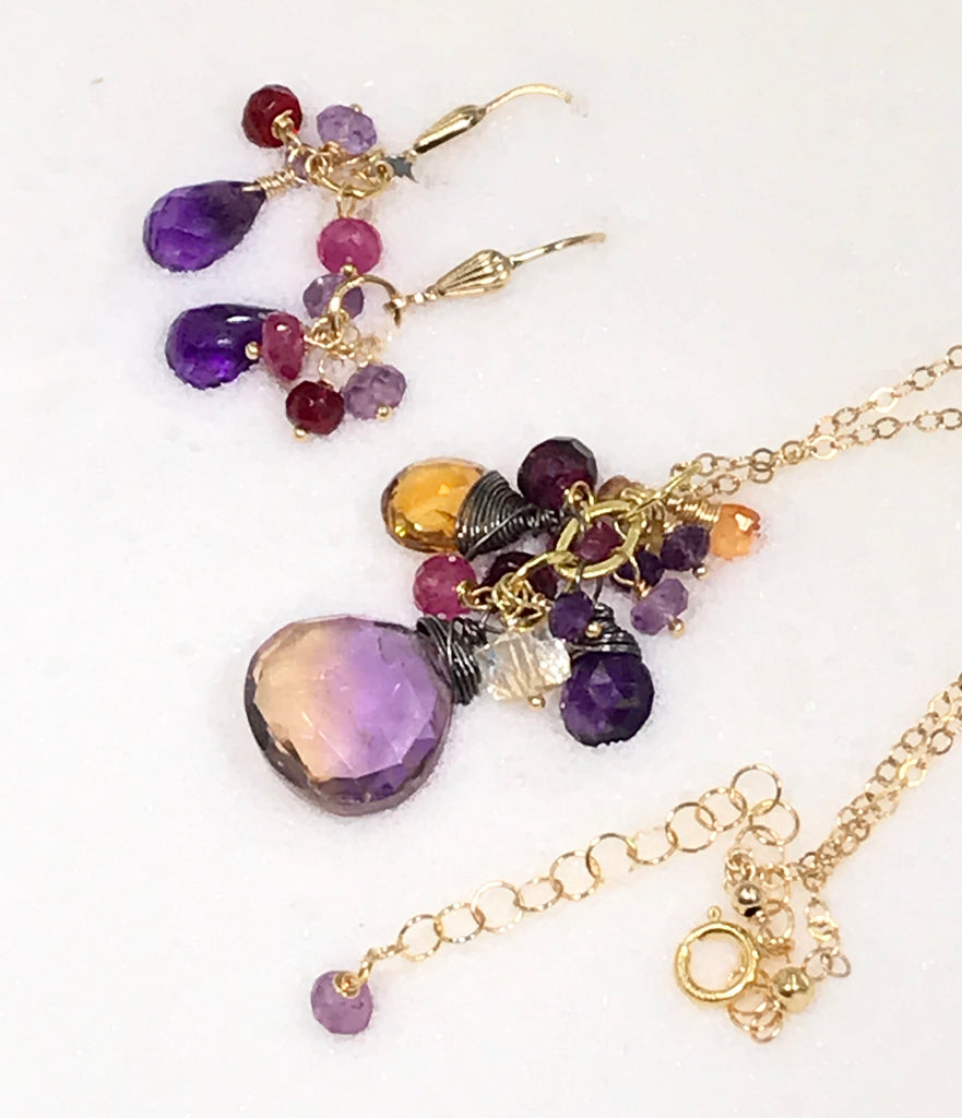 Ametrine Pendant Necklace Set and Amethyst Dangle Earrings - doolittlejewelry
