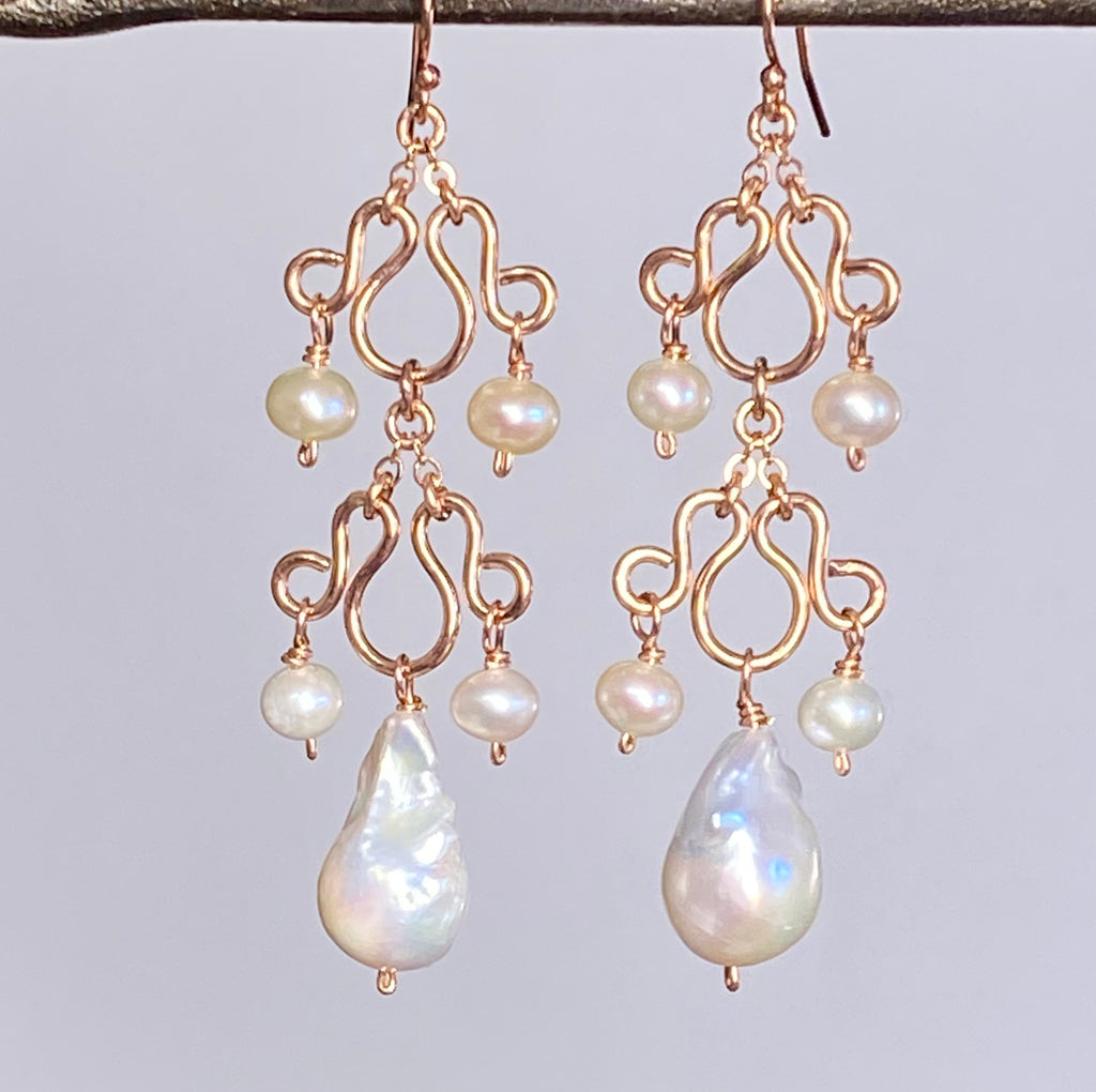 Baroque Pearl Rose Gold Chandelier Earrings
