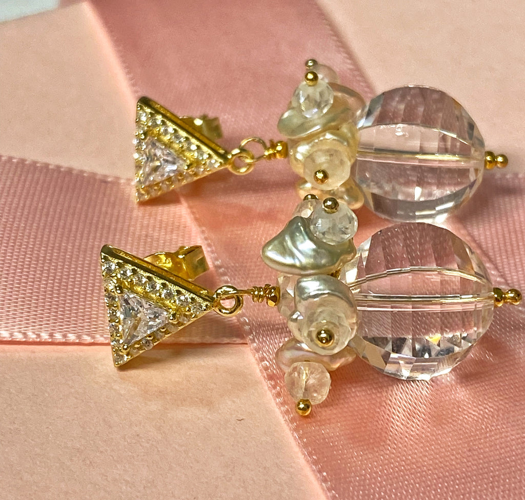 Clear Crystal Quartz Earrings Keishi Pearl Cluster Gold Post