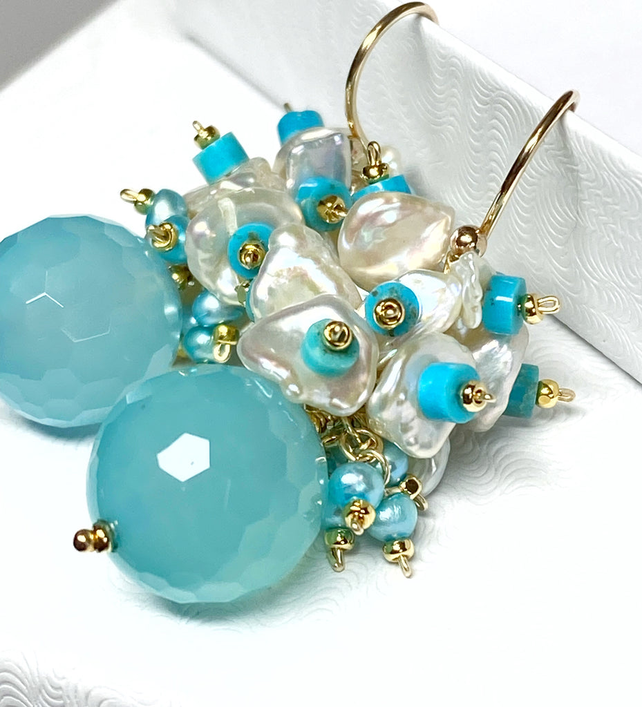 Blue, Turquoise and Keishi Pearl Cluster Earrings - Doolittle