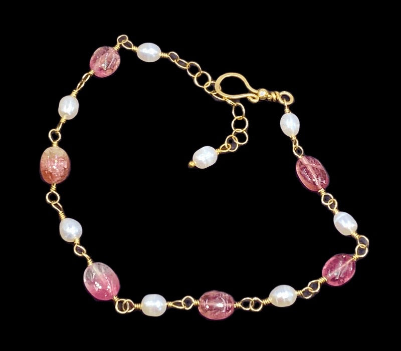 Pink Tourmaline and Pearl Gold Fill Wire Wrapped Bracelet Adjustable