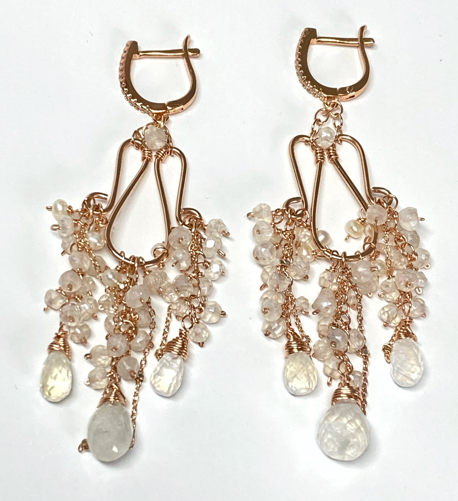 Rainbow Moonstone Statement Rose Gold Chandelier Earrings Boho Bridal Wedding