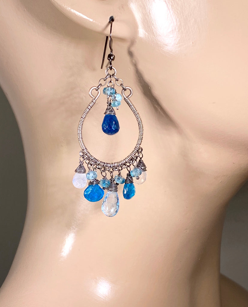 Rainbow Moonstone Hoop Earrings Oxidized Silver Blue Topaz Teal Apatite - doolittlejewelry
