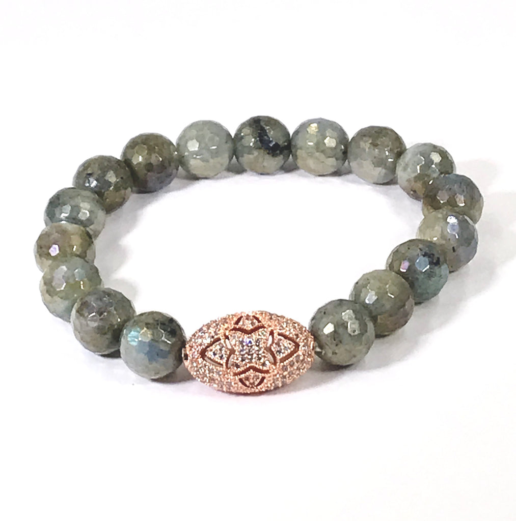 Labradorite and Rose Gold Pave CZ Beaded Stretch Bracelet - doolittlejewelry