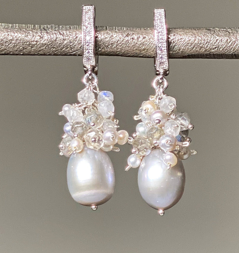 Gray Pearl Labradorite Cluster Earrings Sterling Silver