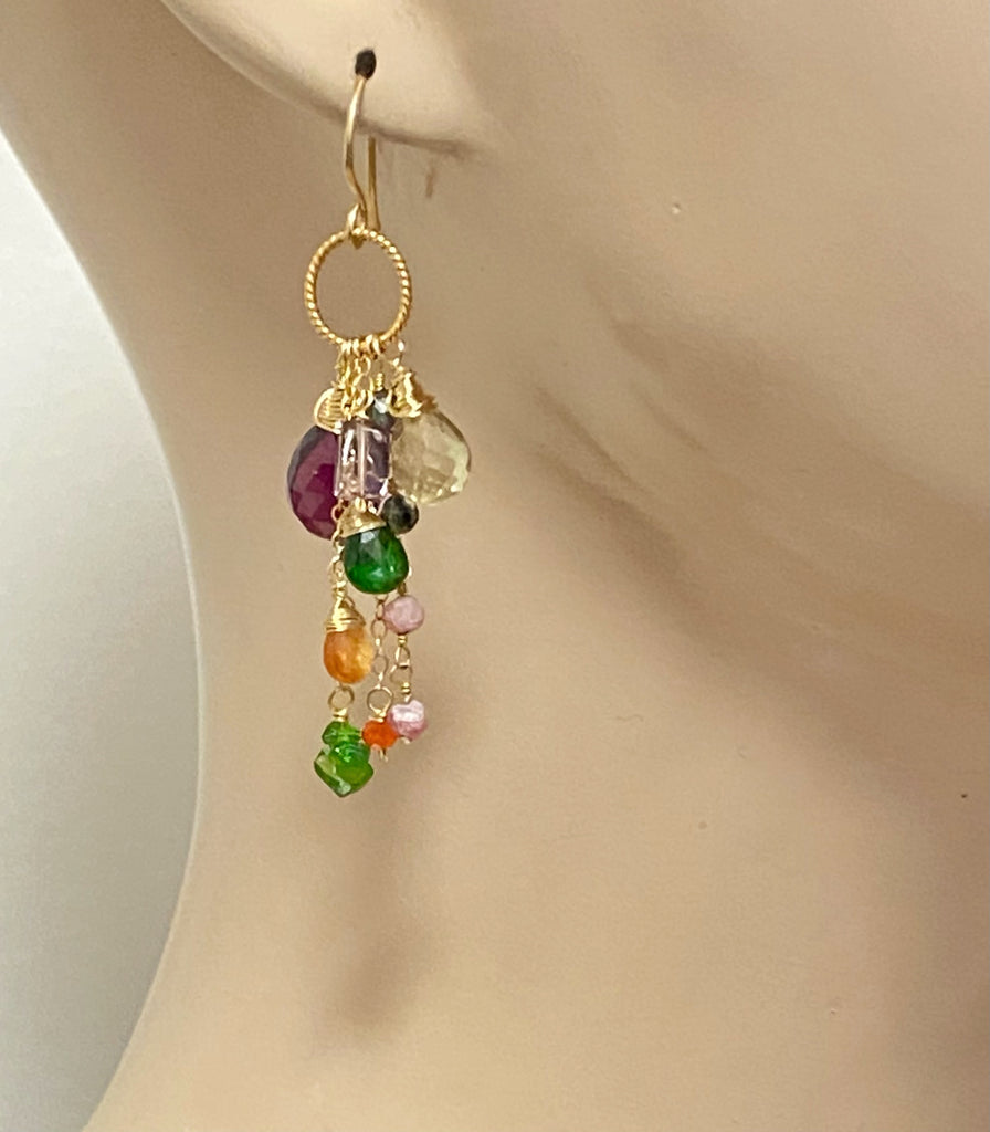 Multicolor Gemstone Gold Dangle Earrings Rhodolite Garnet, Lemon Quartz
