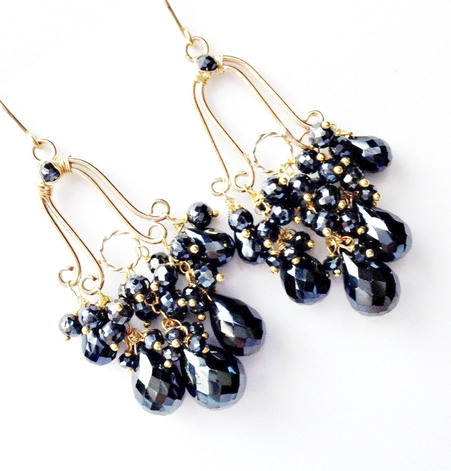 Gemstone Black Spinel Gold Fill Handmade Chandelier Earrings
