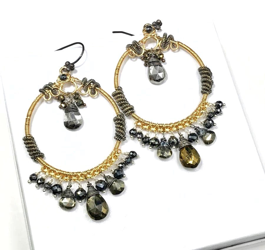 Gold Hoop Earrings with Pyrite Mixed Metals Coiled Silver