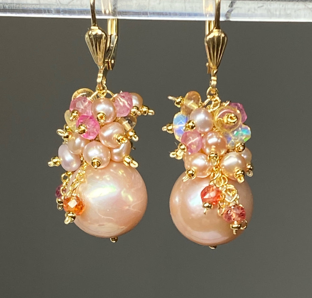 Pink Round Pearl and Gem Cluster Wedding Earrings