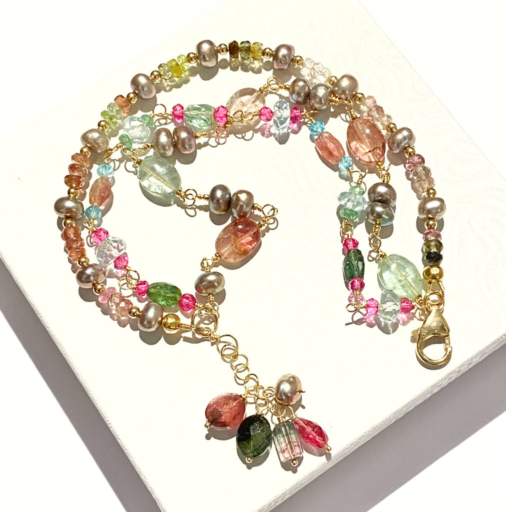 Watermelon Tourmaline Aquamarine Pearl Bracelet Gold