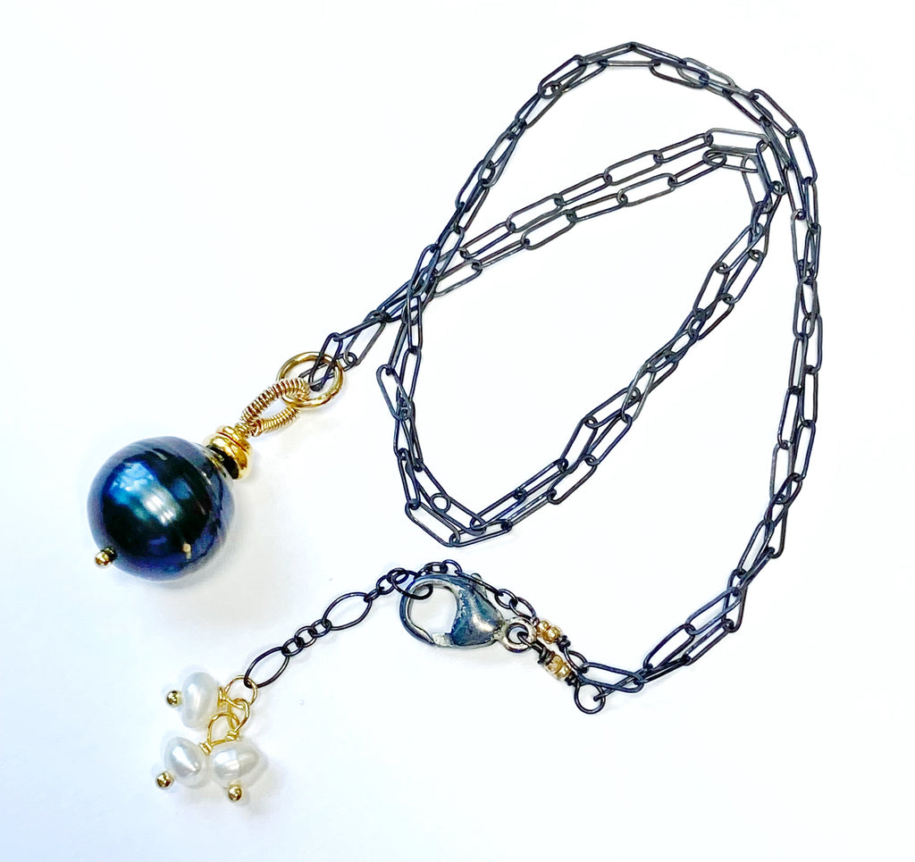 Tahitian Pearl Pendant, Paper Clip Chain, Mixed Metals, Pearl Dangles