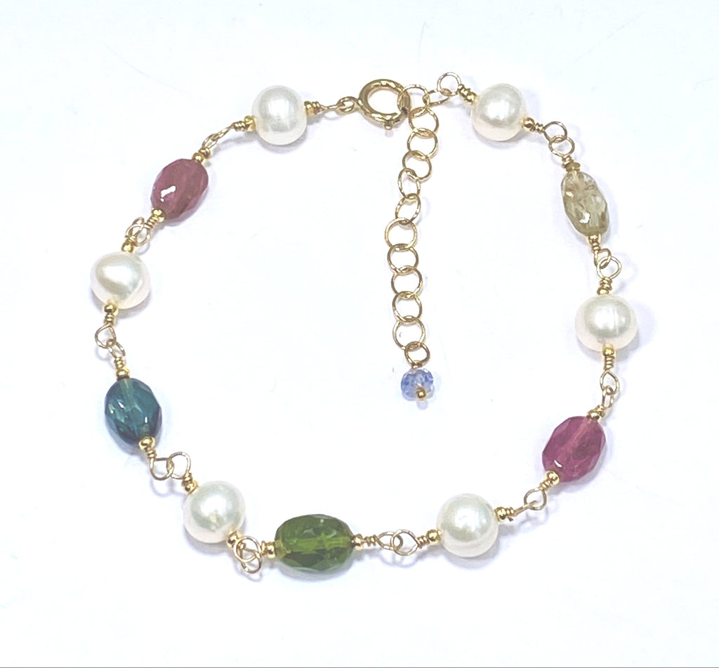 Tourmaline and Pearl Wire Wrapped Bracelet in Gold Fill Adjustable - doolittlejewelry
