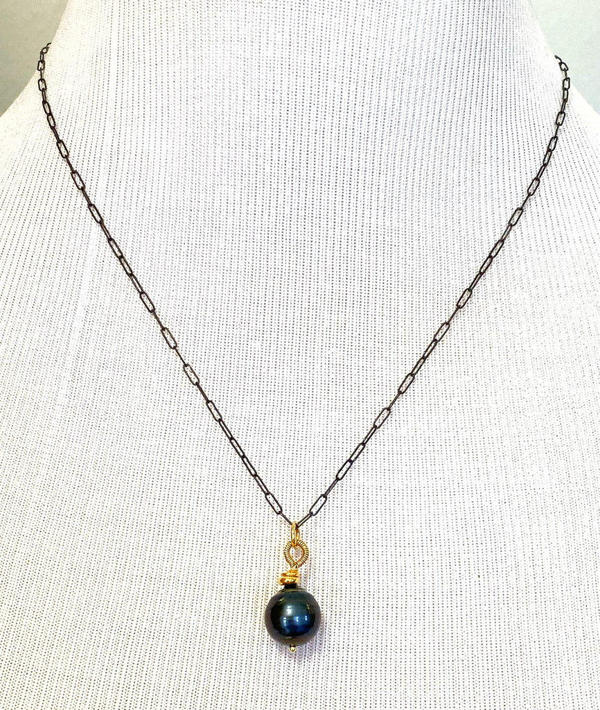 Tahitian Pearl Pendant, Paper Clip Chain, Mixed Metals, Pearl Dangles