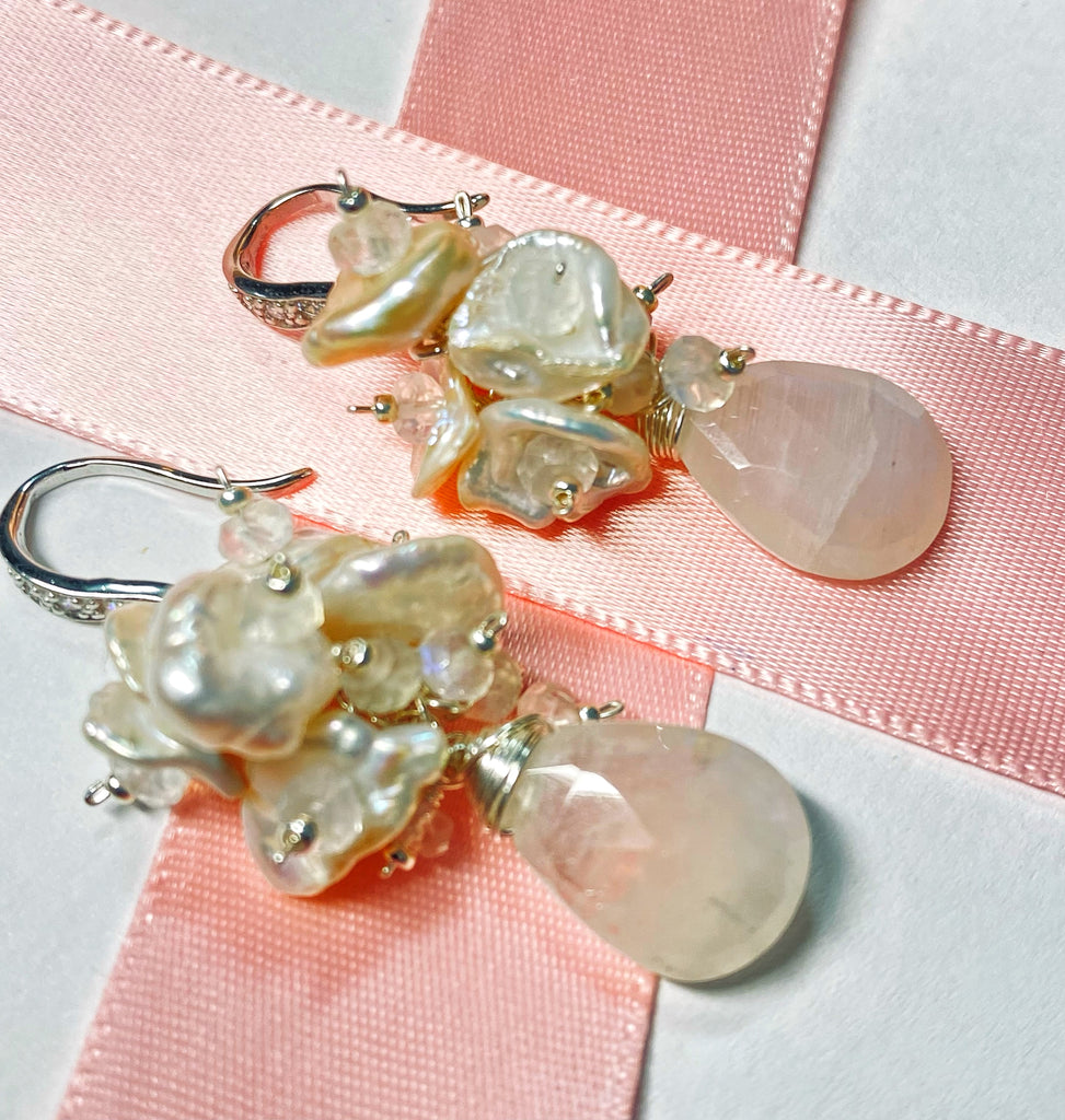 Rainbow Moonstone Keishi Cluster Bridal Earrings Sterling Silver