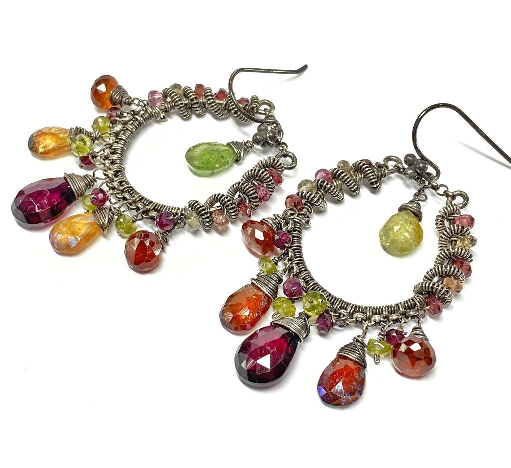 Multi-color Garnet Chandelier Hoop Earrings Coiled Oxidized Sterling Silver