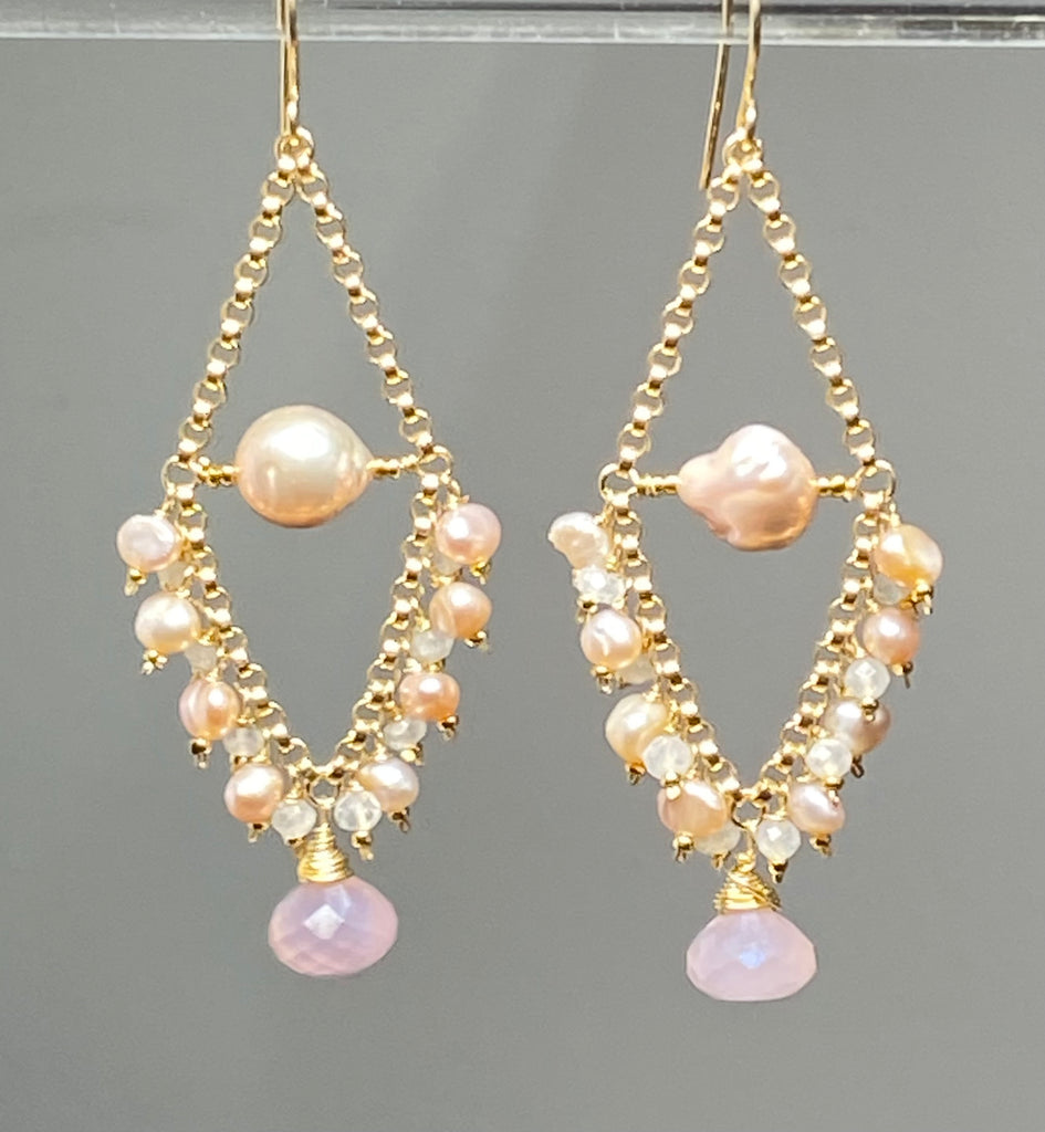 Pink Pearl Chandelier Earrings with Moonstone