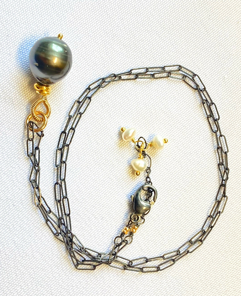 Tahitian Pearl Pendant, Paper Clip Chain, Mixed Metals, Pearl Dangles