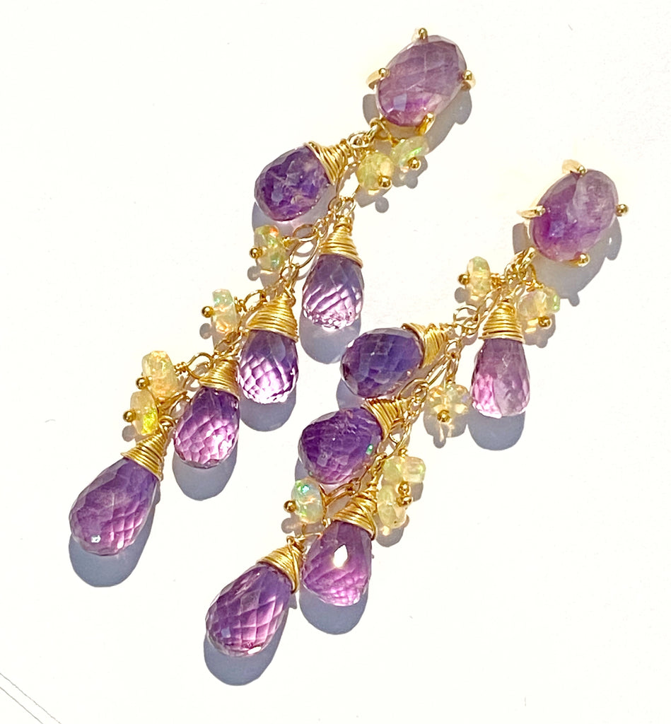 Amethyst, Opal and Gold Dangle Post Earrings