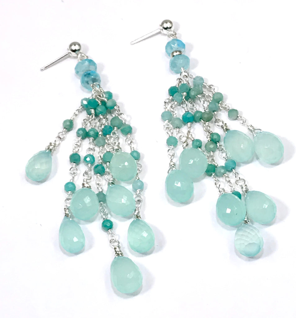 Aqua Chalcedony Amazonite Tassel Earrings - doolittlejewelry