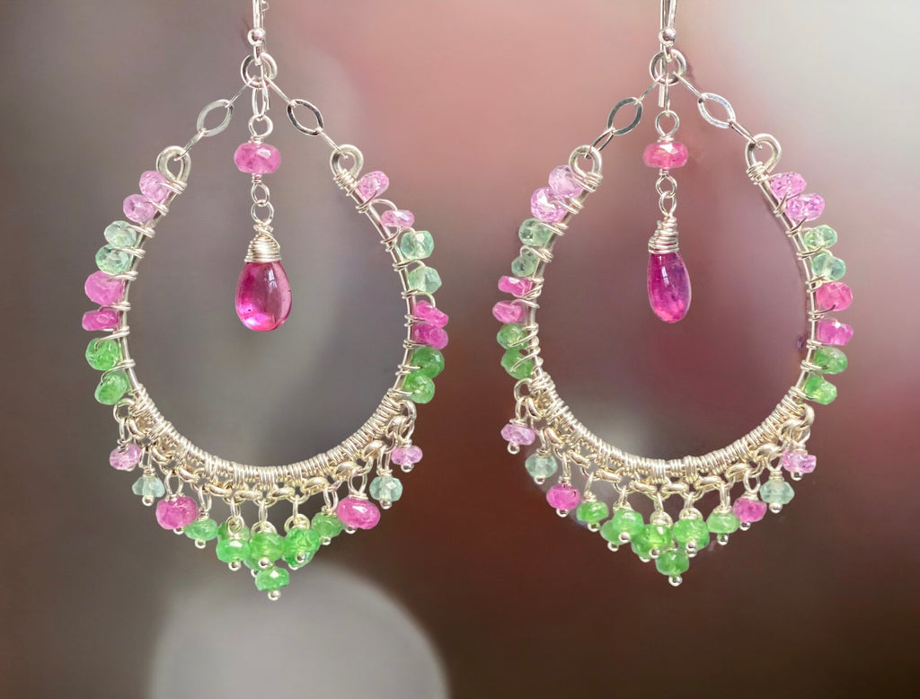 Sterling Silver Pink Sapphire Tsavorite Hoop Earrings