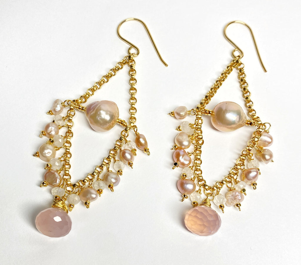 Pink Pearl Chandelier Earrings with Moonstone