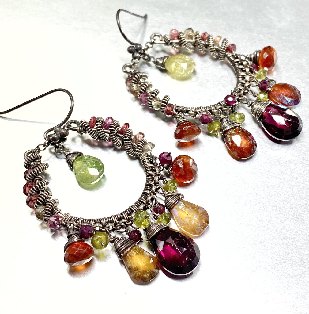 Multi-color Garnet Chandelier Hoop Earrings Coiled Oxidized Sterling Silver