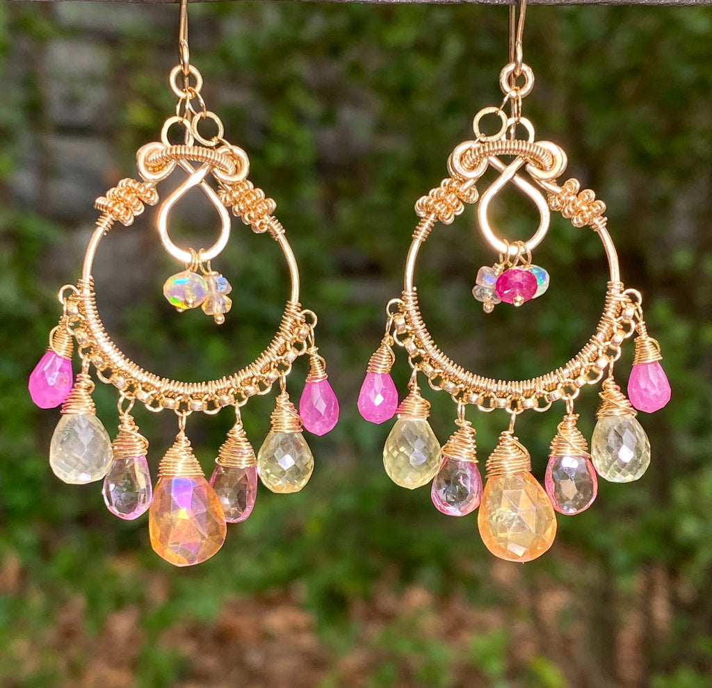 Gemstone Hoop Chandelier Earrings Gold Pastel Pink Topaz & Sapphire