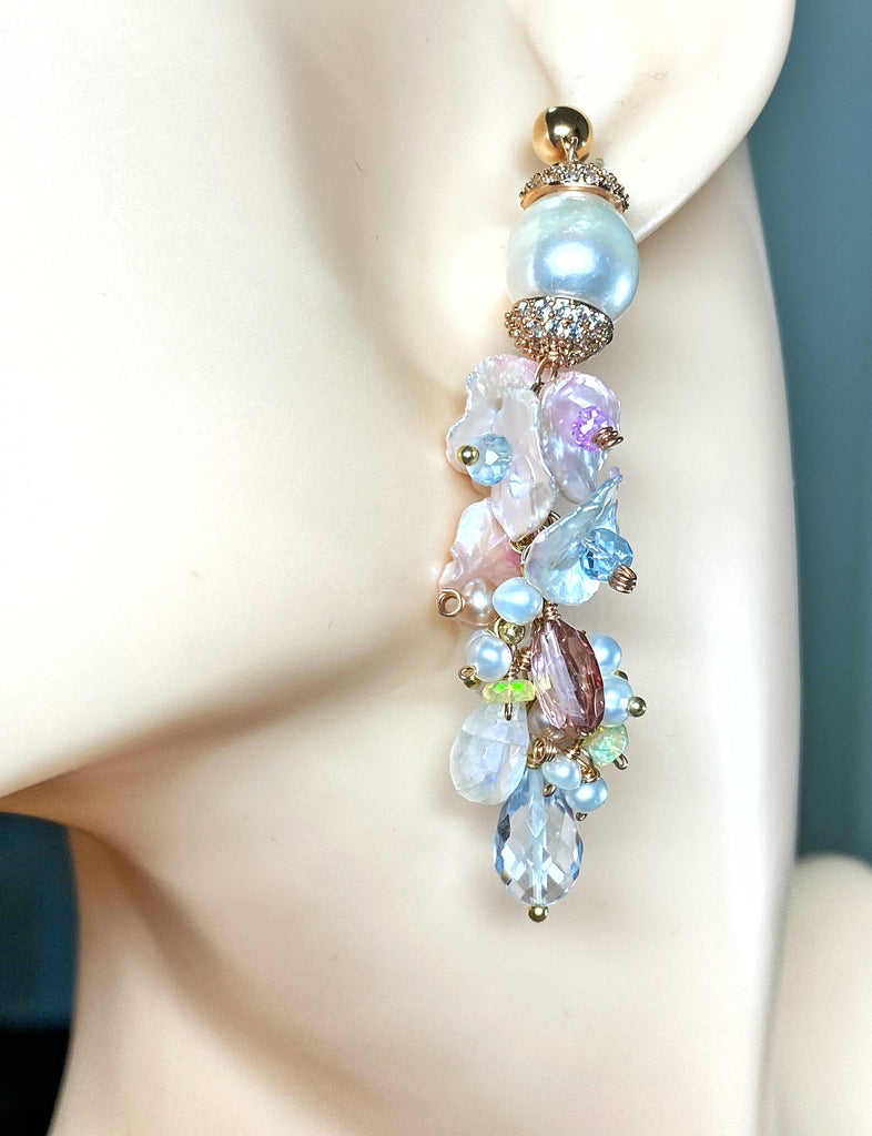 Blush Keishi Pearl Pink Topaz Ivory Pearl Rose Gold Long Dangle Bridal Earrings