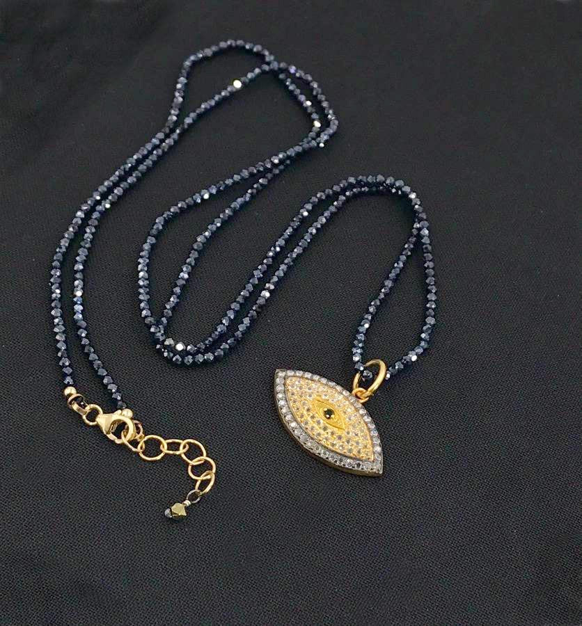 Evil Eye and Pave Diamond Look Long Black Spinel Necklace - doolittlejewelry