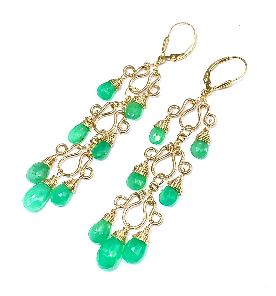 Green Chrysoprase Gemstone Long Gold Filled Chandelier Earrings - doolittlejewelry