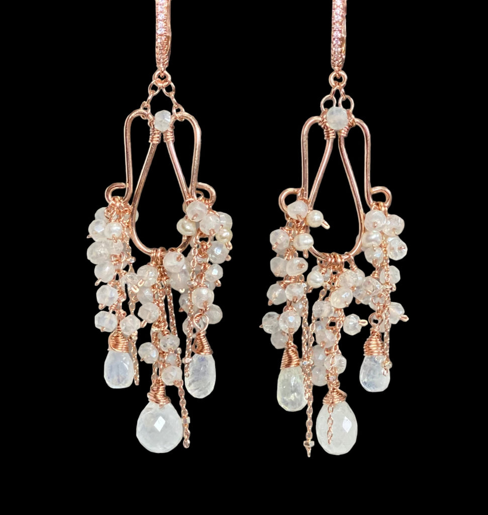 Rainbow Moonstone Statement Rose Gold Chandelier Earrings Boho Bridal Wedding
