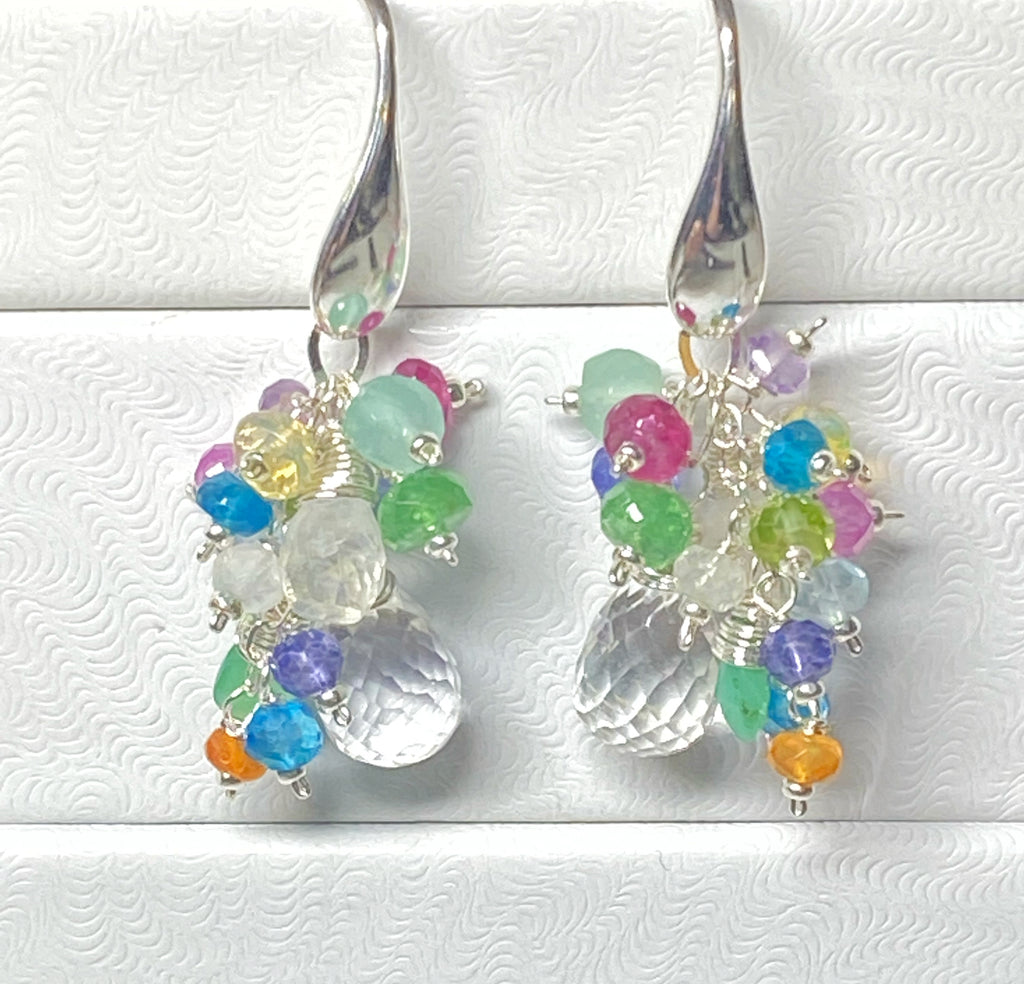 Crystal Quartz Dangle Earrings with Multi Gemstone Cluster Sterling Silver 4