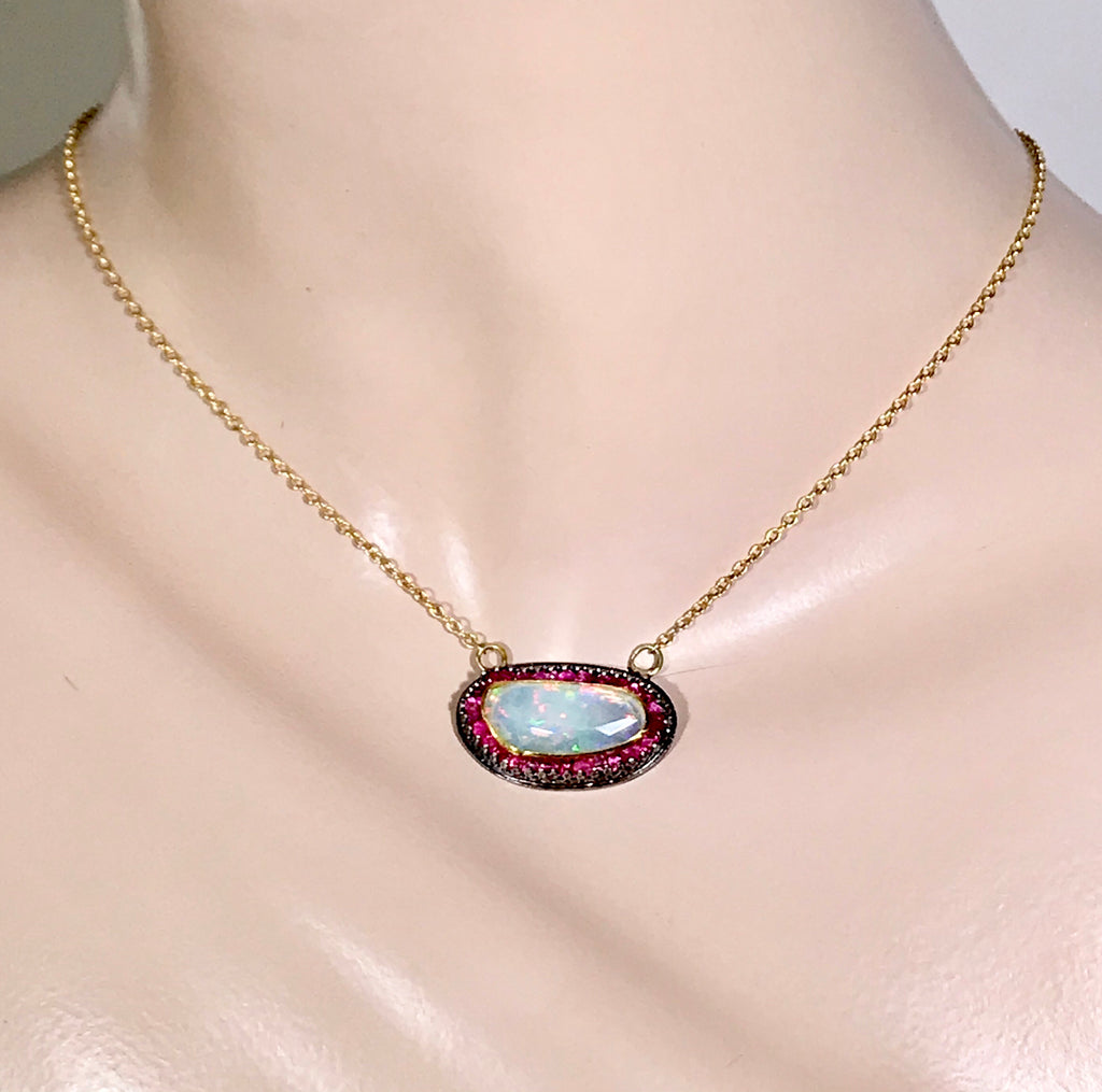 Opal and Pink Spinel Pendant with 22 kt Gold and Oxidized Sterling Silver - doolittlejewelry