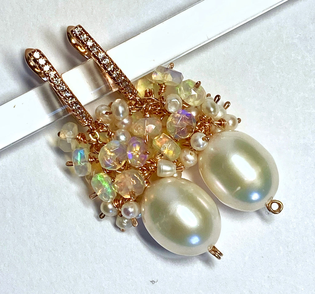 Pearl and Opal Cluster Earrings Rose Gold Fill