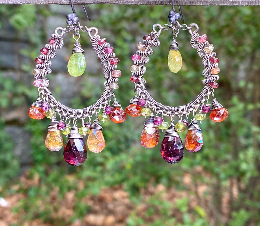 Multi-color Garnet Chandelier Hoop Earrings Coiled Oxidized Sterling Silver
