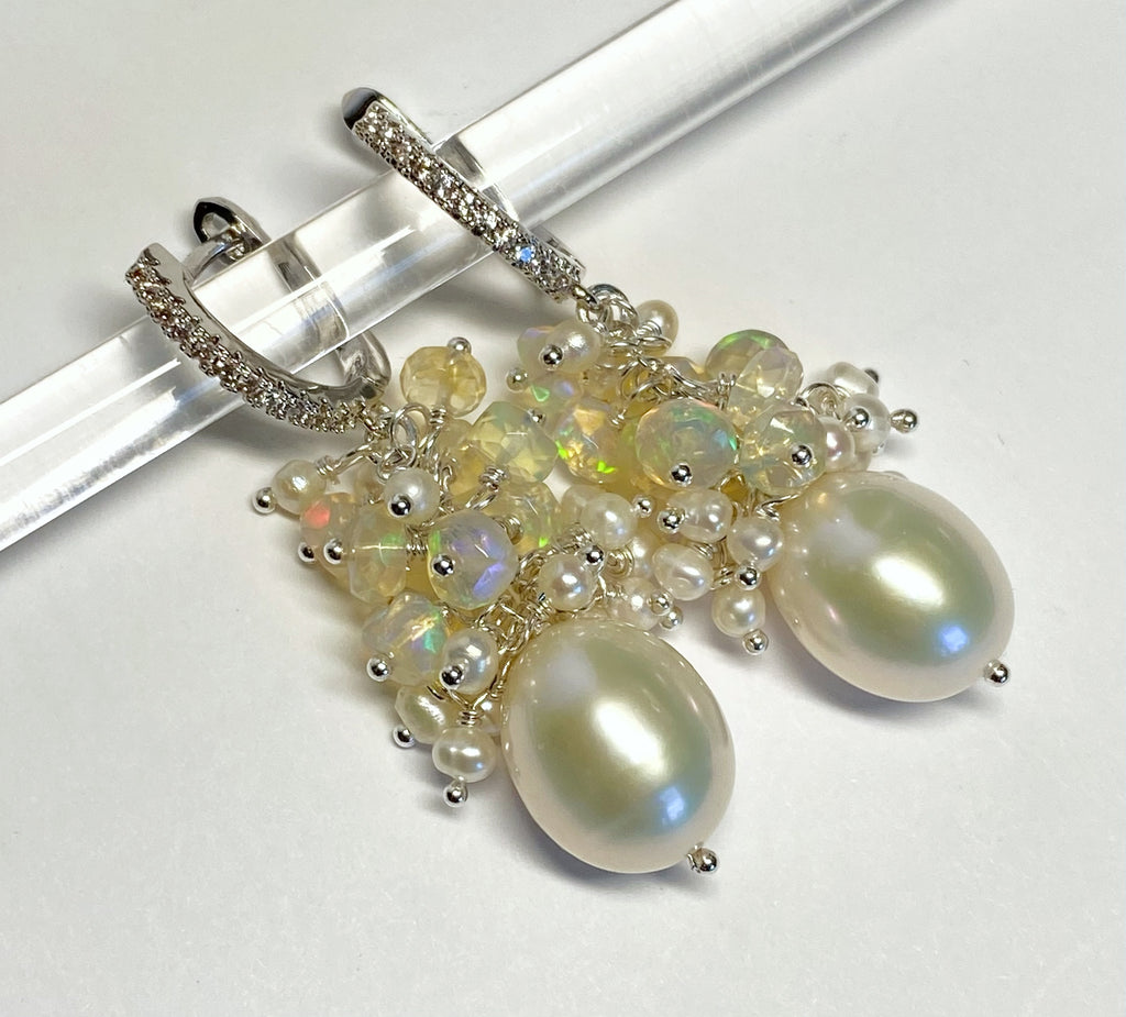 Pearl and Opal Cluster Earrings Sterling Silver
