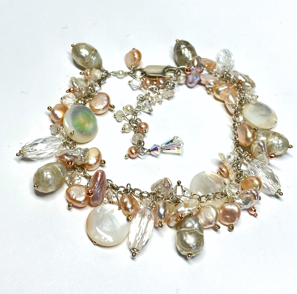 Blush Pearl Boho Dangle Bracelet Mixed Metal