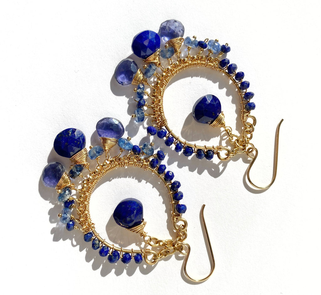 Blue Gemstone Gold Hoop Chandelier Earrings Lapis Kyanite Iolite