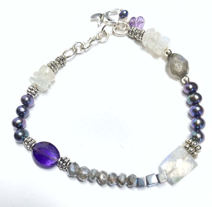 Labradorite Amethyst Moonstone Sterling Silver Bracelet