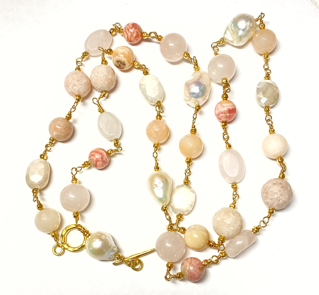 Long Multi Gemstone Blush Stone Pearl Wire Wrap Necklace 14kt Gold Fill