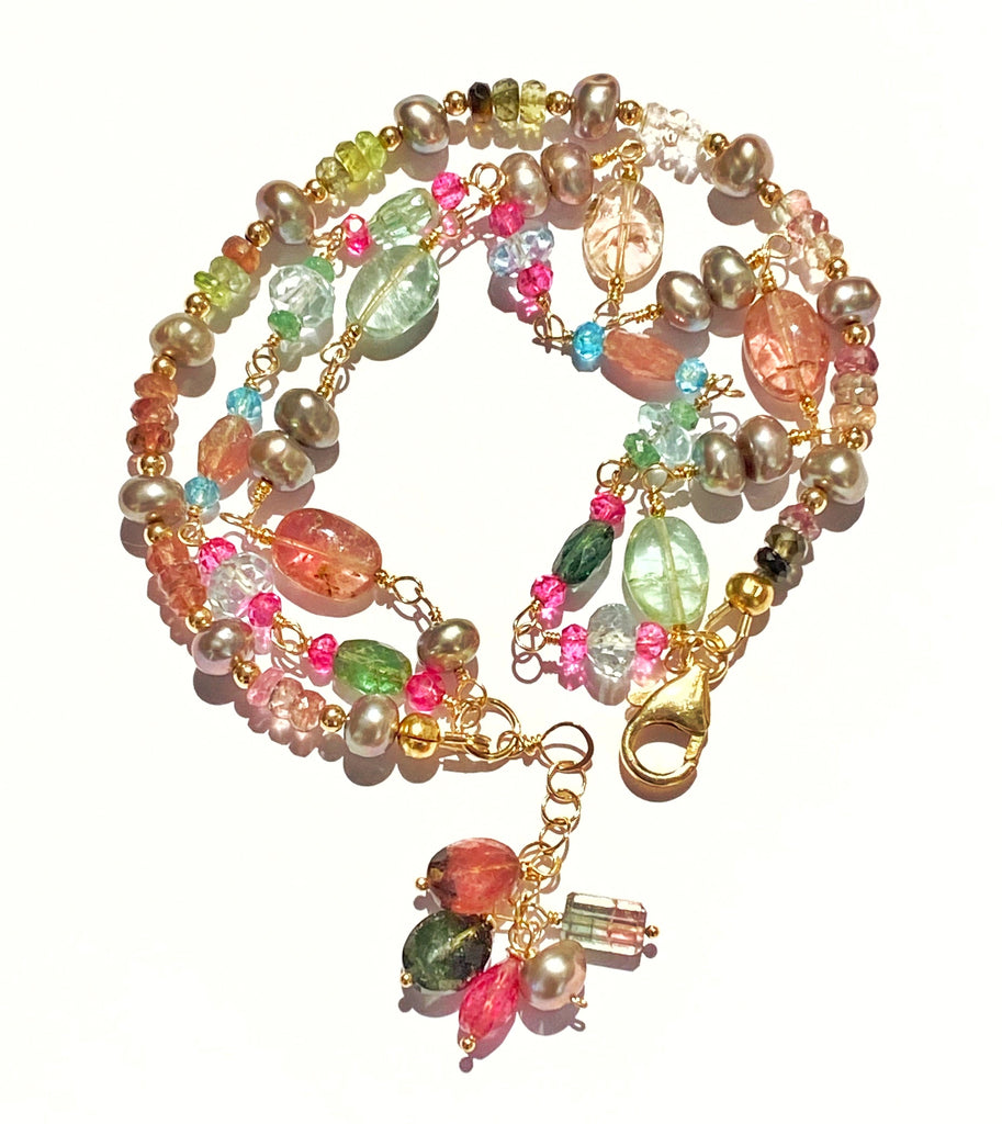 Watermelon Tourmaline Aquamarine Pearl Bracelet Gold