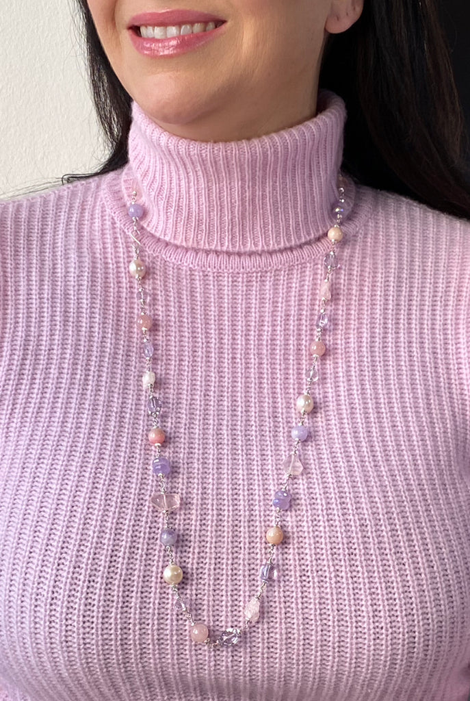 Long Sterling Silver Gemstone Pearl Necklace Lavender Amethyst Rose Quartz