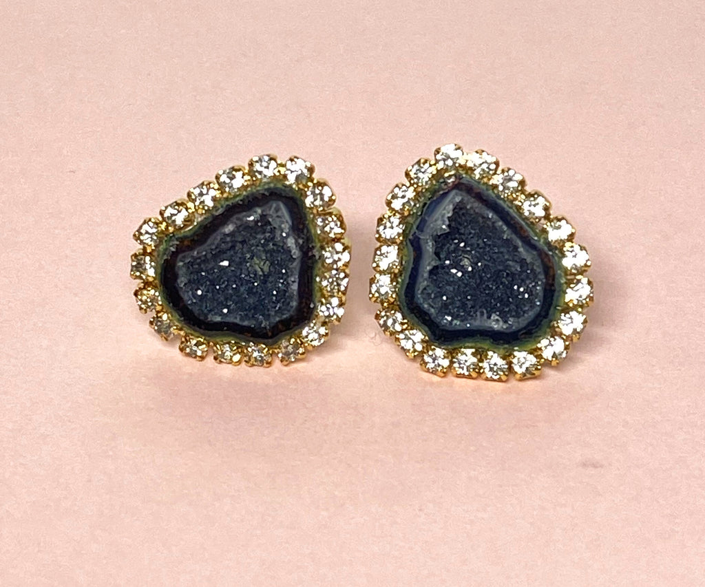 Black Geode Druzy Stud Earrings Diamond Look